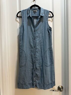 J Jill Blue Denim Sleeveless Dress Small Collared Buttons Slide Pockets